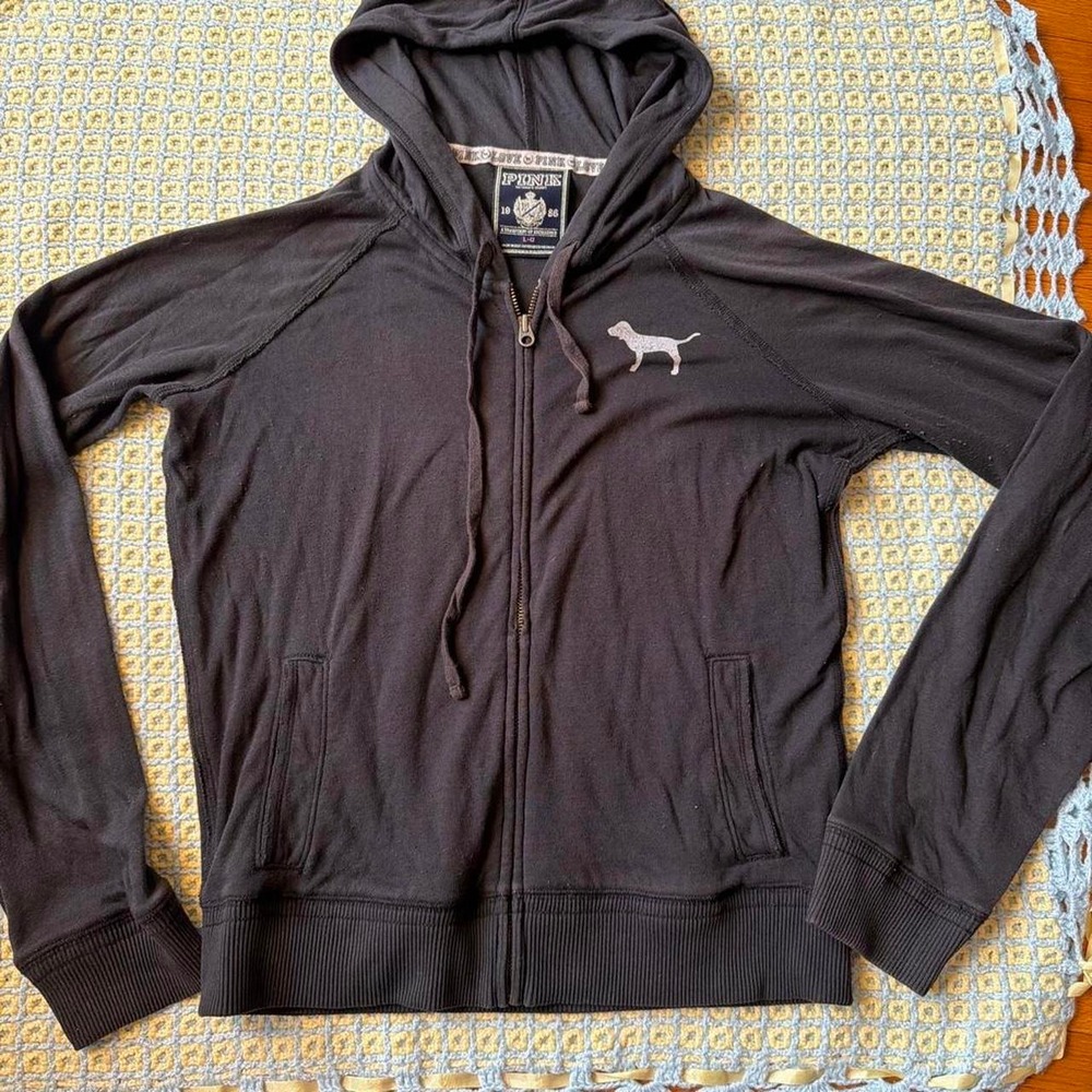 Victoria's Secret PINK Vintage 2009 Peace Sign Zip Up Hoodie Black Large